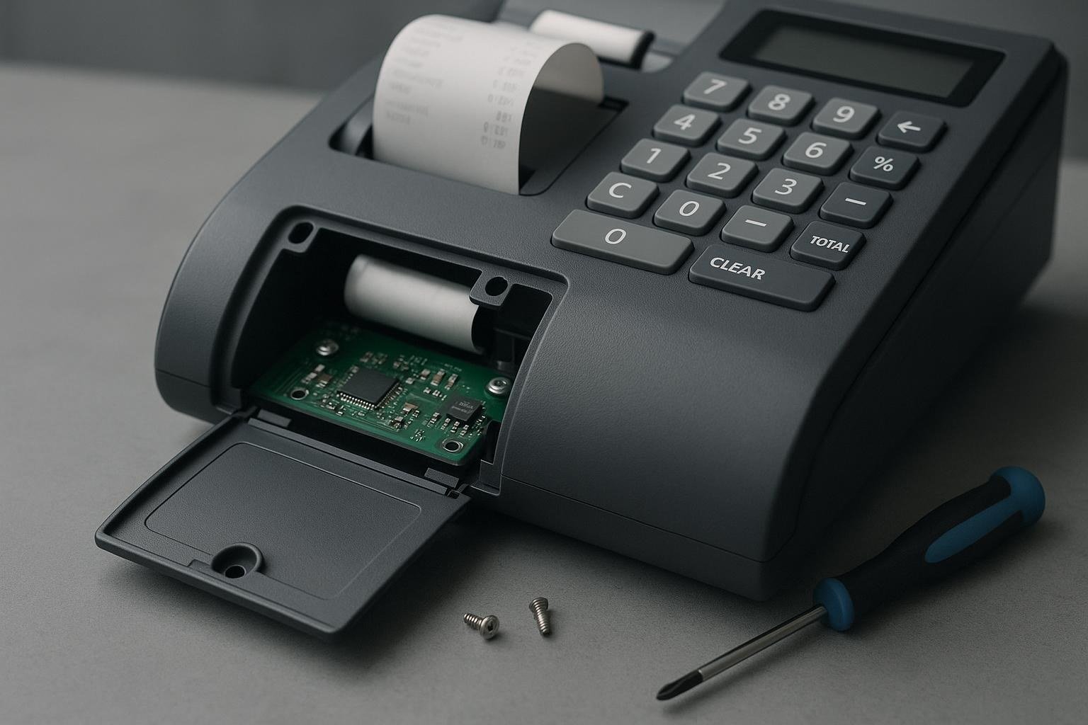 Касов апарат с отворен панел за смяна на фискална памет